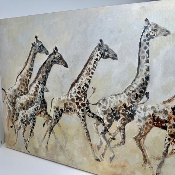 Gold-Lined Stripe Contemporary Wall Art Giraffe Family Canvas Hand Painted - Picture 1 of 5